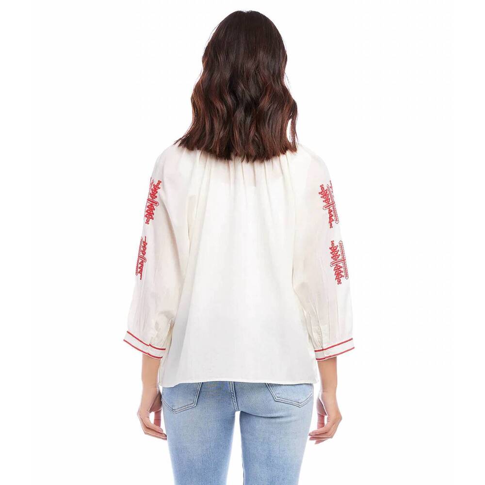 NEW KAREN KANE catrina three-quarter sleeve embroidered top in cream/ red - Picture 3 of 5